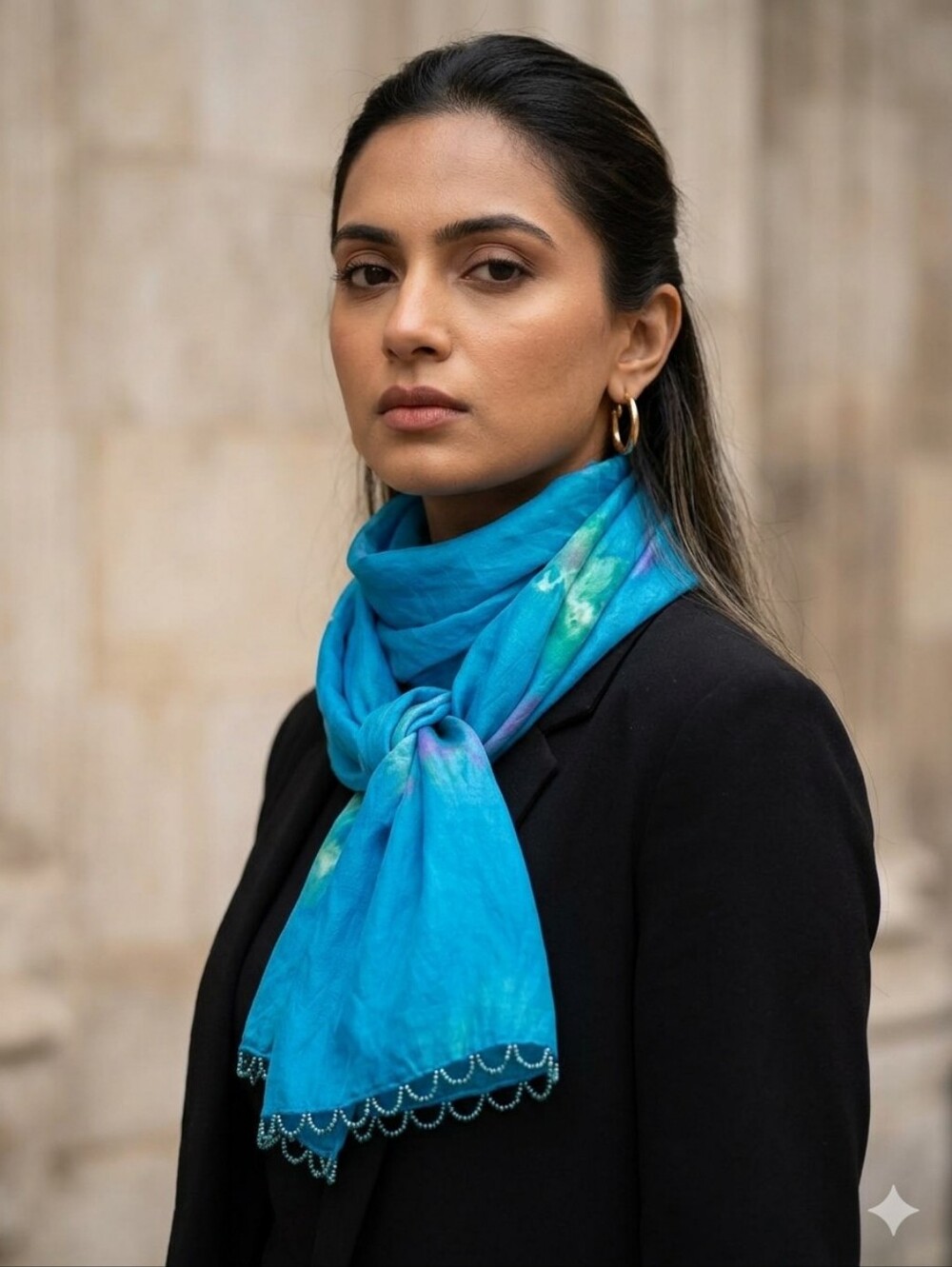 Handmade Silk Scarf With Beaded Hem Blue Green Tue Dye